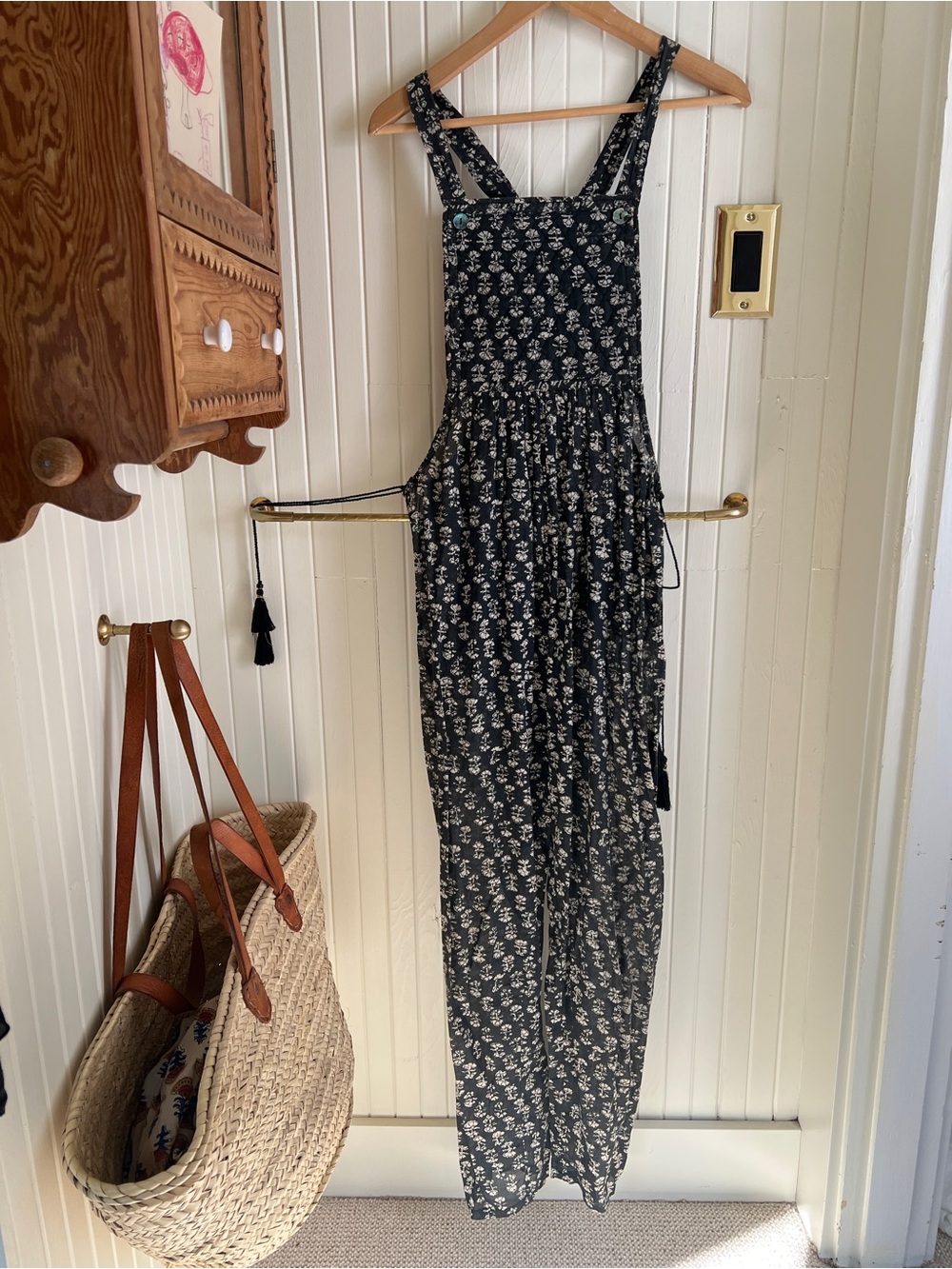 Doen Black Floral Shaanti Block-Print Overalls Jumpsuit | Small - Picture 3 of 15